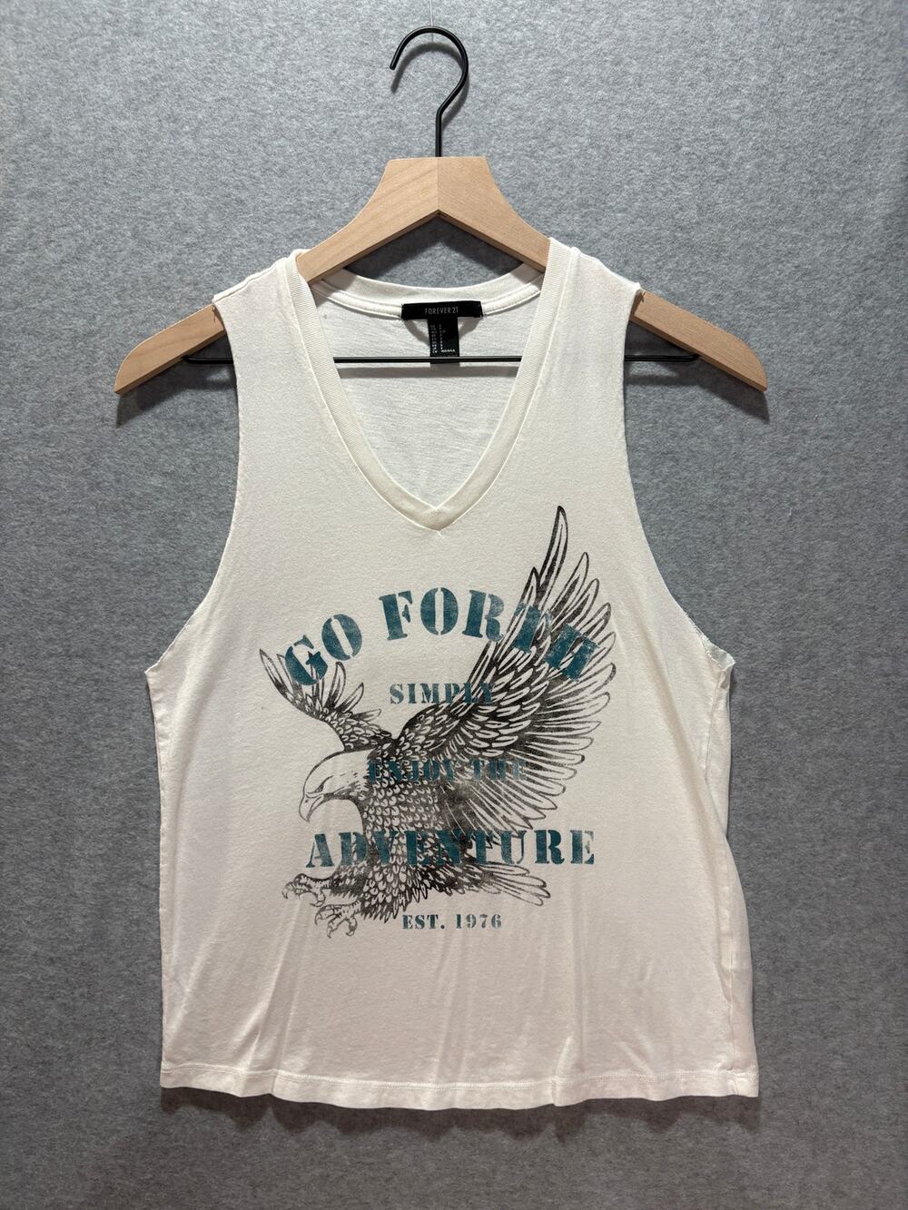 Forever 21 Womens Small Eagle Graphic V Neck Sleeveless Tank Top White Adventure